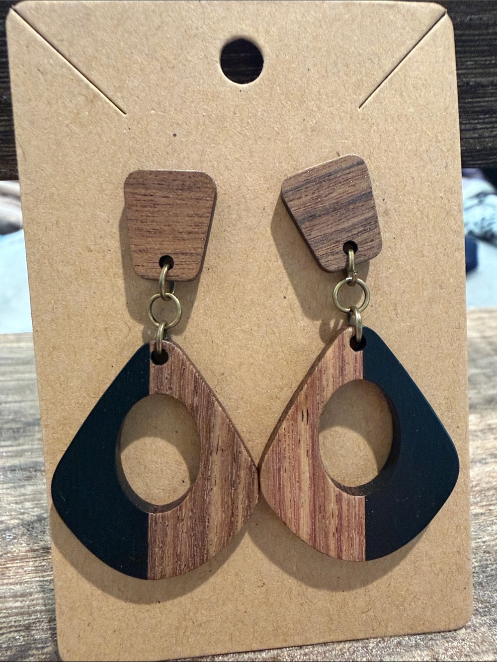 Wood and Black Teardrop Dangle Earrings - Stylish Women’s Jewelry